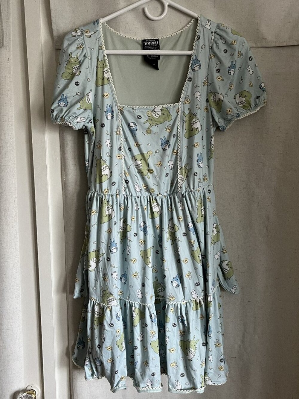 My Neighbor Totoro Puff‑Sleeve Tiered Dress – Light Blue